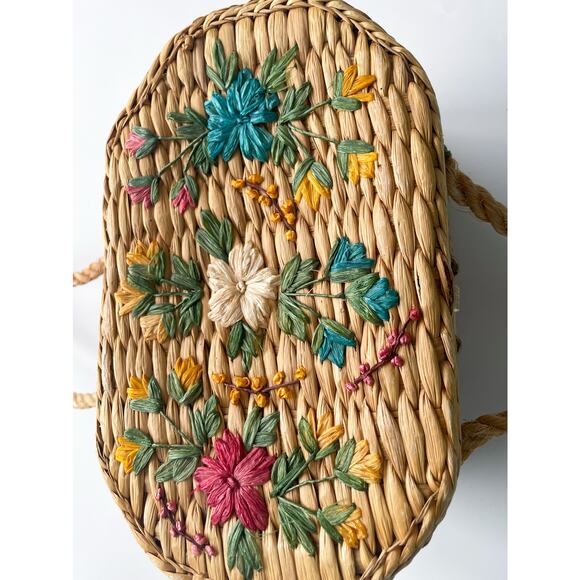 Vintage Straw Basket Top Handle Bag with Colorful Florals - Picture 15 of 16